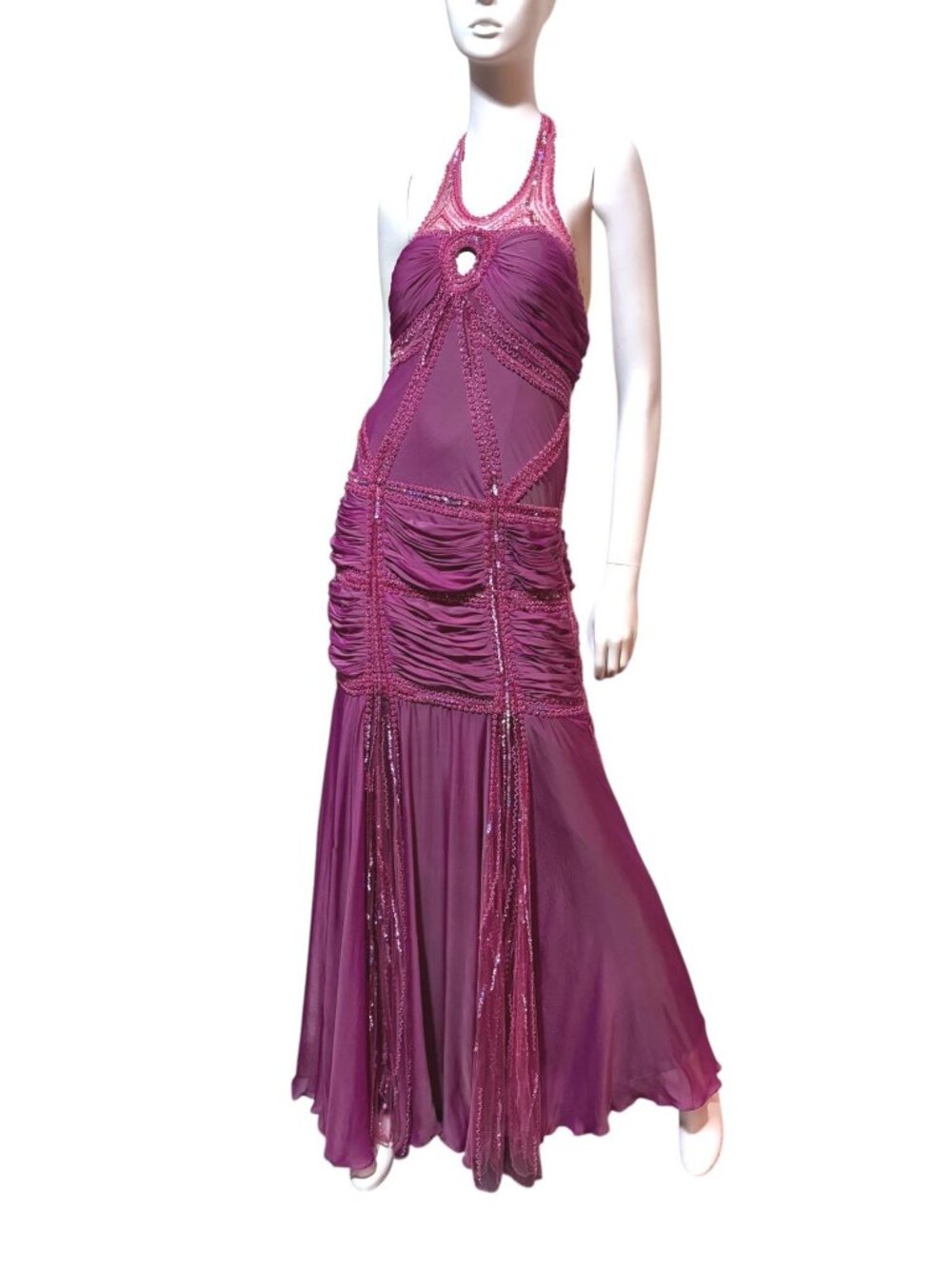 New Y2K Bizar Beaded Formal Gown 14 Backless Halter Ruched Mermaid Whimsy Fairy